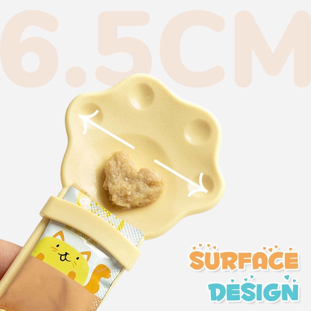 Cat treat squeeze spoon lickable feeder dispenser shown from multiple angles, highlighting the soft silicone tip and squeeze 