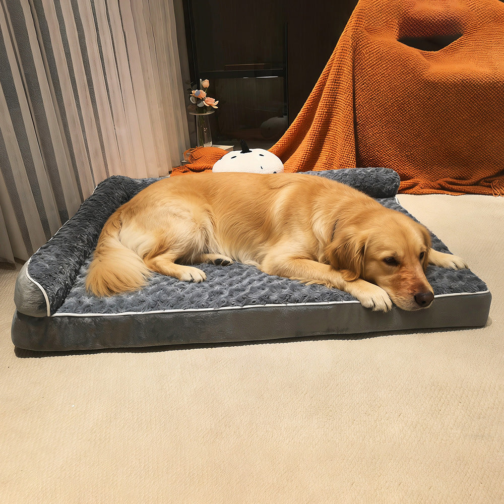 Plush L-shaped dog sofa bed corner detail showing soft cushioned bolster and cozy interior seating area
