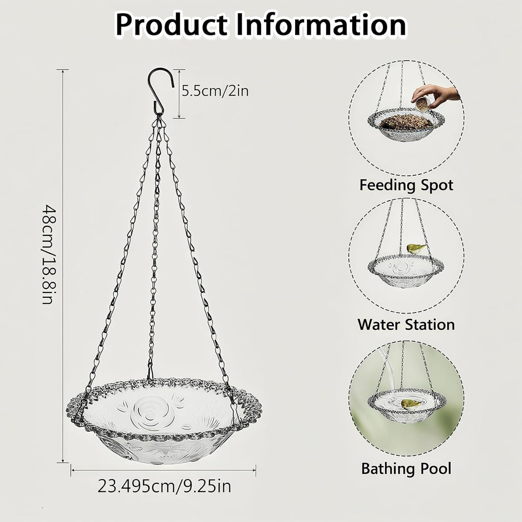 Hanging bird bath and feeder bowl suspended outdoors, showing bowl depth and hanging hardware for garden or yard use