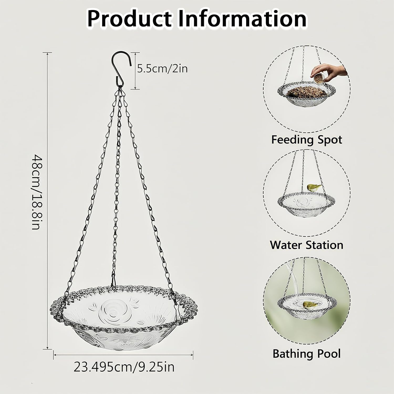 Hanging bird bath and feeder bowl suspended outdoors, showing bowl depth and hanging hardware for garden or yard use