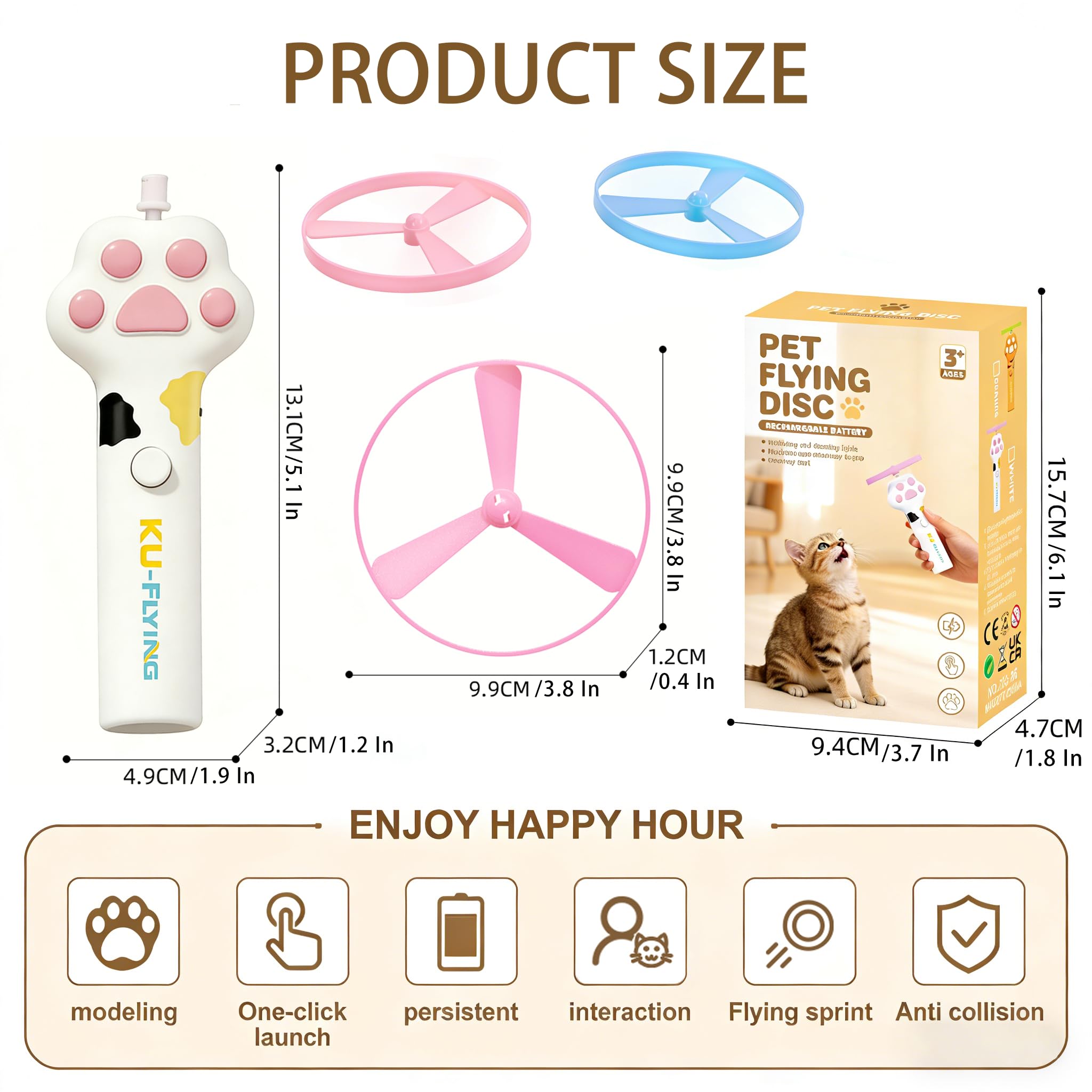 Rechargeable flying disc launcher cat toy shown with 6 colorful discs included for interactive play