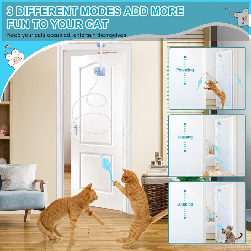 White rechargeable electric cat teaser toy clipped to a door frame with remote control nearby