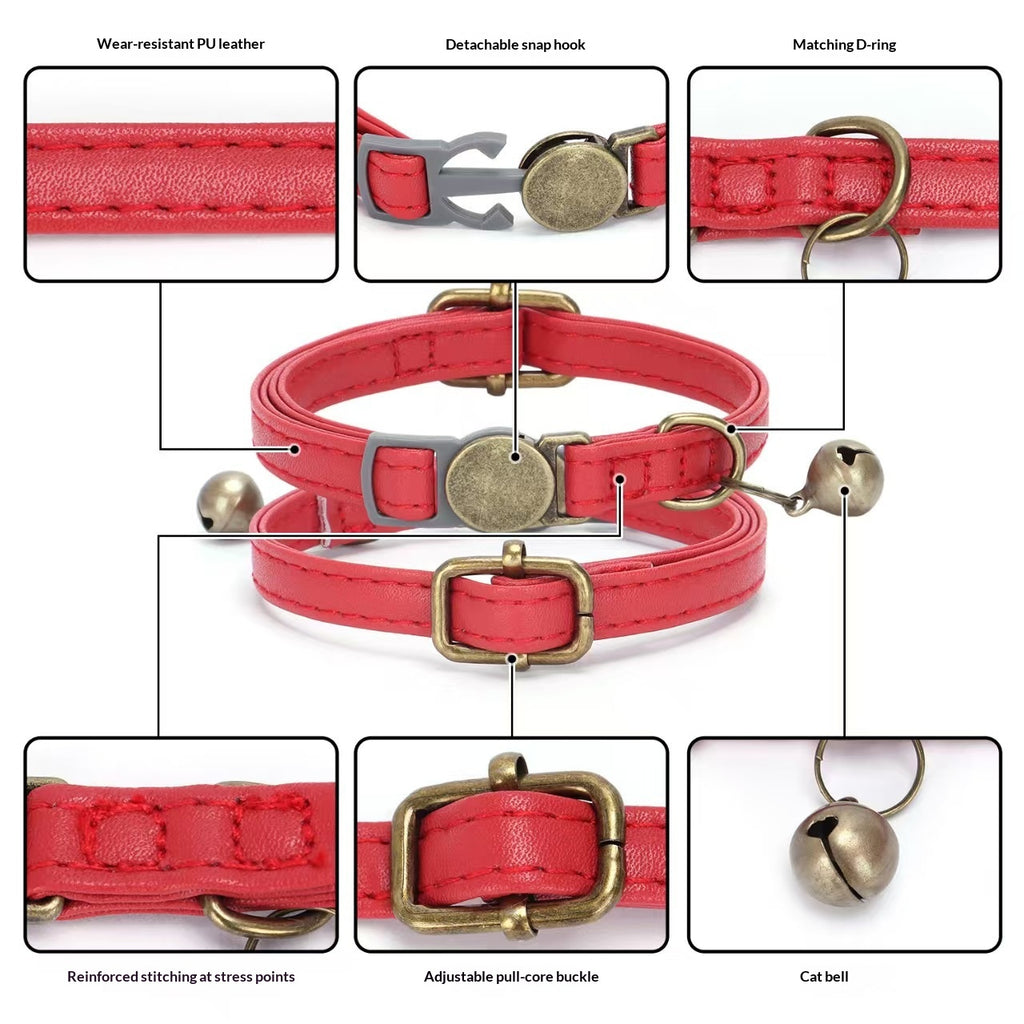 Close-up of a retro-style leather cat collar showing stitched detailing and metal buckle hardware