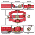 Close-up of a retro-style leather cat collar showing stitched detailing and metal buckle hardware