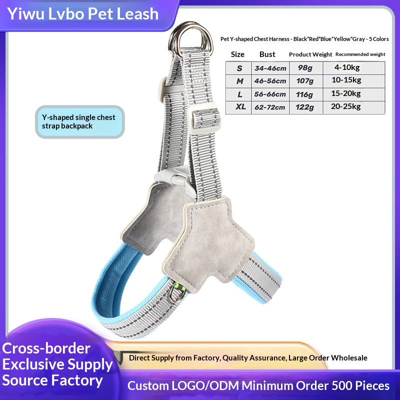 Small dog wearing a reflective Y-shape vest harness with leash attached, shown from the side on a light background