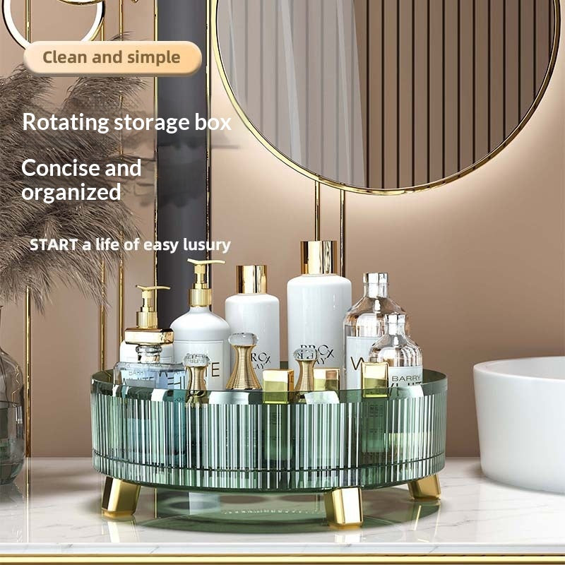 Clear rotating desktop storage box with multiple compartments for organizing small items, stationery, and accessories