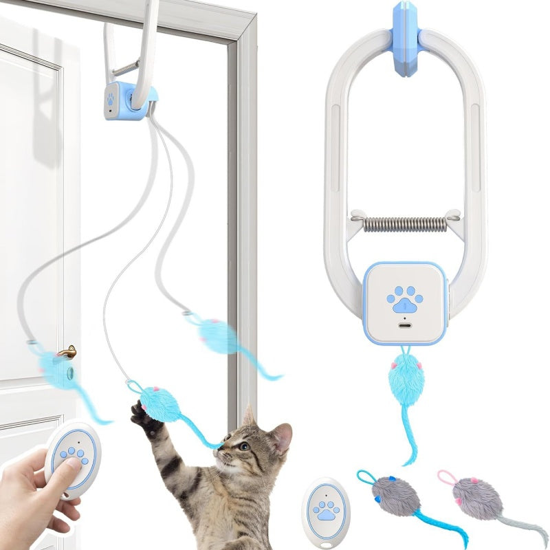 Rechargeable electric cat teaser toy with wireless remote and door clip attachment for hands-free play