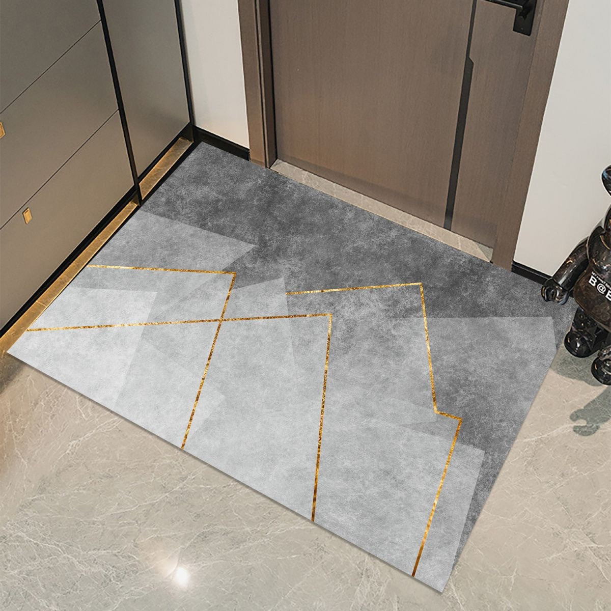 Minimalist crystal velvet entryway doormat with soft textured surface, shown in a neutral home entryway setting
