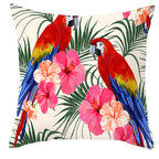 Tropical parrot and plant print throw pillow cover laid flat, showing vibrant botanical pattern on a 45x45cm cushion cover