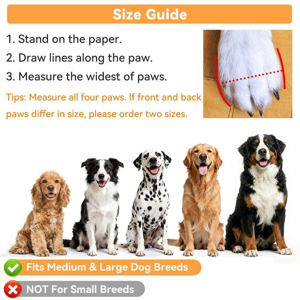 Water-resistant non-slip dog boots shown from above, sized for medium and large dogs, displayed on a clean white background
