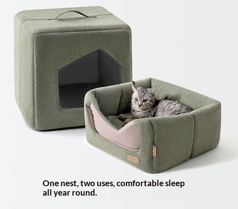 Square semi-enclosed felt pet bed with cozy house design, suitable for cats and small dogs in any season
