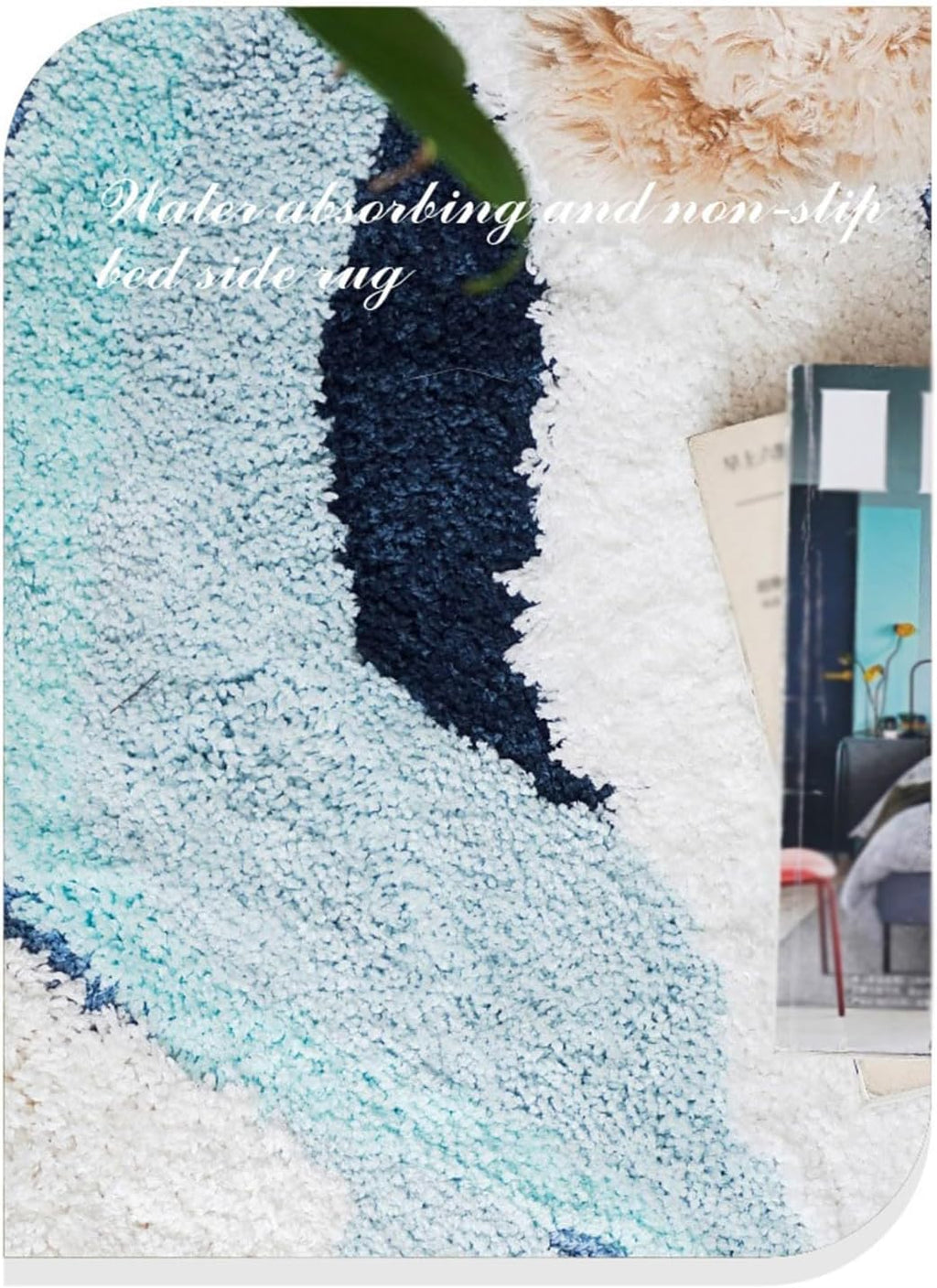 Fluffy wave-shaped bath mat with absorbent non-slip surface, shown in a soft neutral tone for bathroom flooring