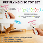 Rechargeable flying disc launcher cat toy shown with six colorful discs included
