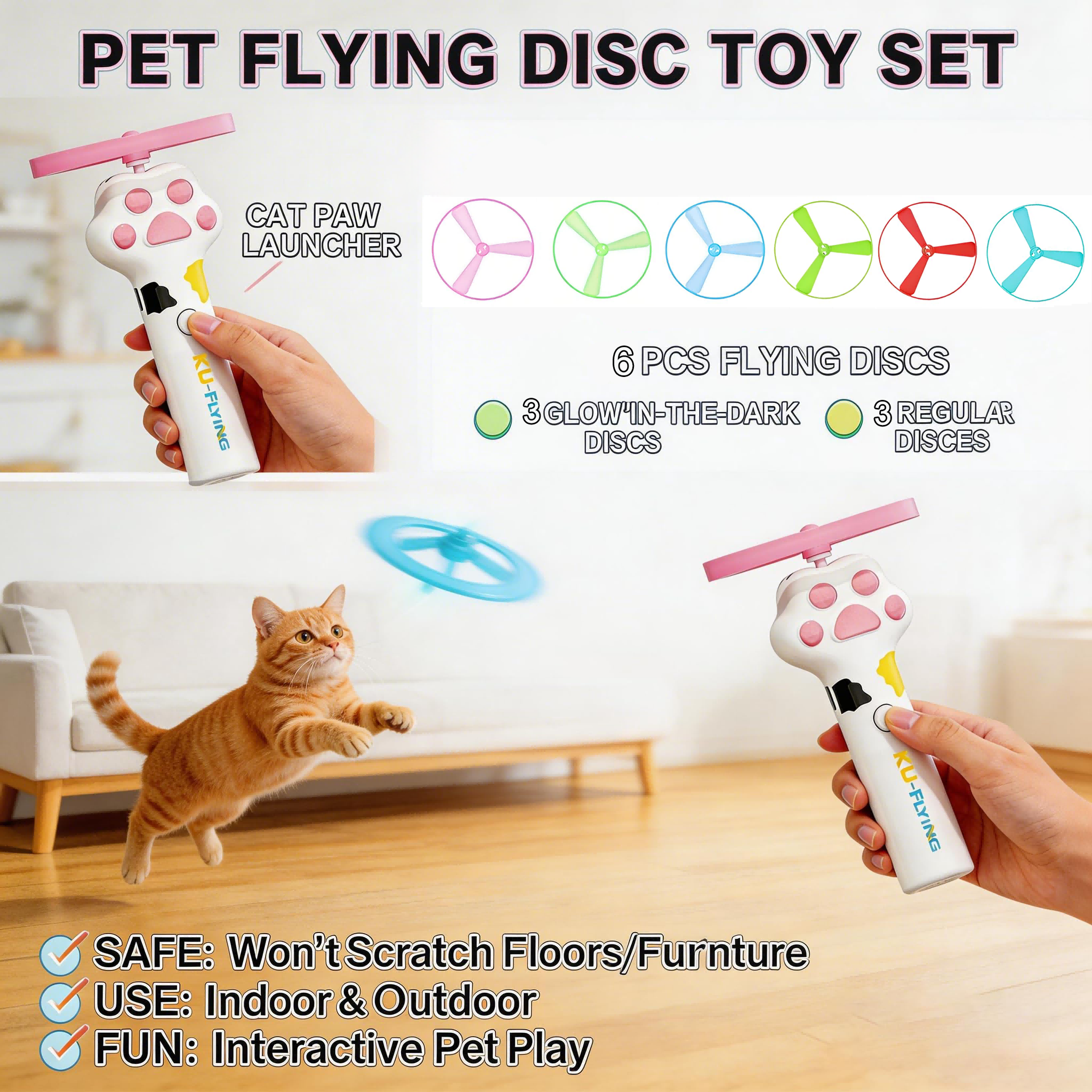 Rechargeable flying disc launcher cat toy shown with six colorful discs included
